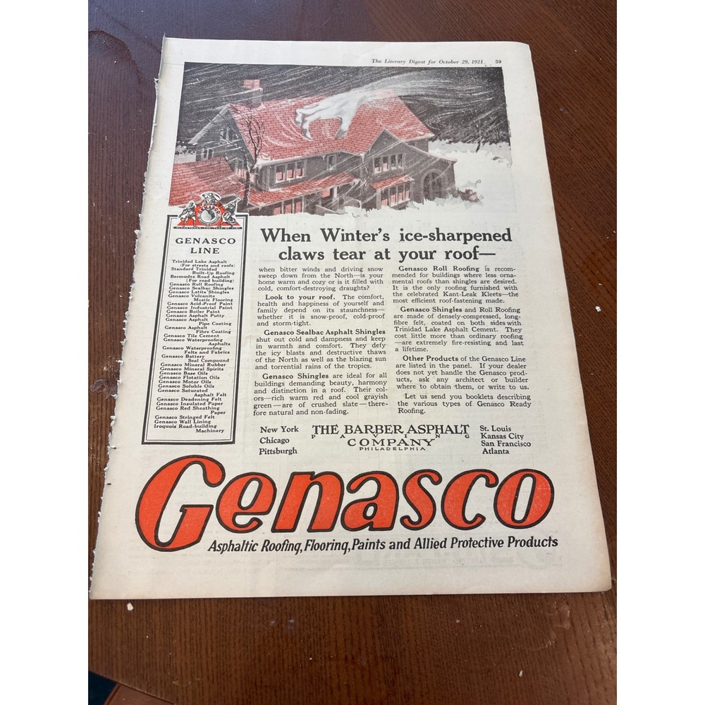 Vintage 1921 Genasco Roofing Print Ad Shepard Electric Hoist Industrial Decor